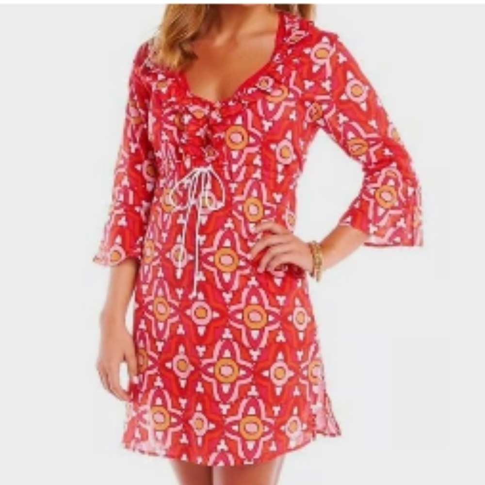 Mud Pie Anna Bell Tunic Beach Coverup Red Geometric Pattern